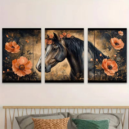 3pcs Elegant Horse Portrait Metal Print Ready to Hang Art