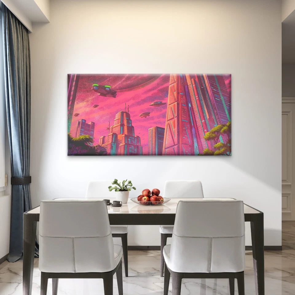 Retro Futuristic Cityscape Wall Art Canvas Office Home Room Framed 120x60cm