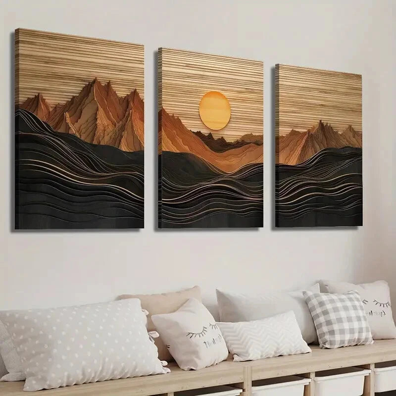 3pcs Abstract Sunset Mountain Landscape Perfect Wall Art Set Canvas Framed 40x60cm - High Quality Print 100% Australian Made Wall Canvas Ready to Hang