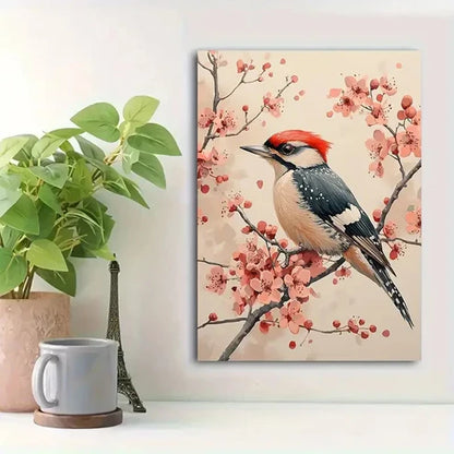 Beautiful Woodpecker & Blooming Floral Painting 60x90cm Metal Print Ready to Hang