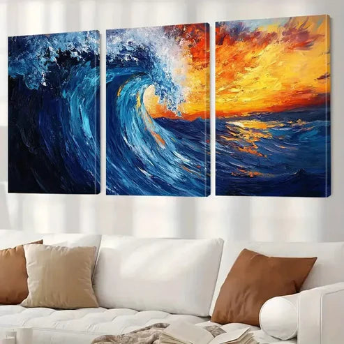 3pcs Blue And Orange Decorative Abstract Ocean   Art Set Canvas Unframed - High Quality Print 100% Australian Made Wall Canvas - Bella Home Decor