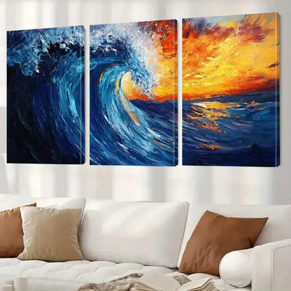 3pcs Blue And Orange Decorative Abstract Ocean   Art Set Canvas Unframed - High Quality Print 100% Australian Made Wall Canvas - Bella Home Decor