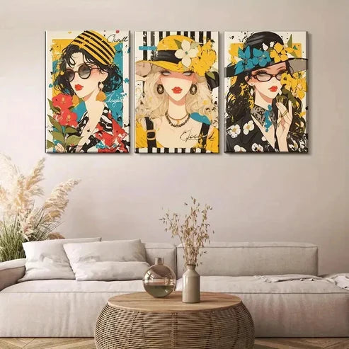 3pcs Women with Hats & Glasses Vibrant Wall Art Canvas Unframed - High Quality Print 100% Australian Made Wall Canvas