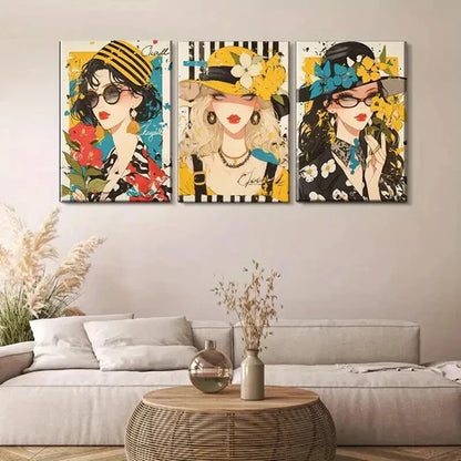 3pcs Women with Hats & Glasses Vibrant Wall Art Canvas Unframed - High Quality Print 100% Australian Made Wall Canvas