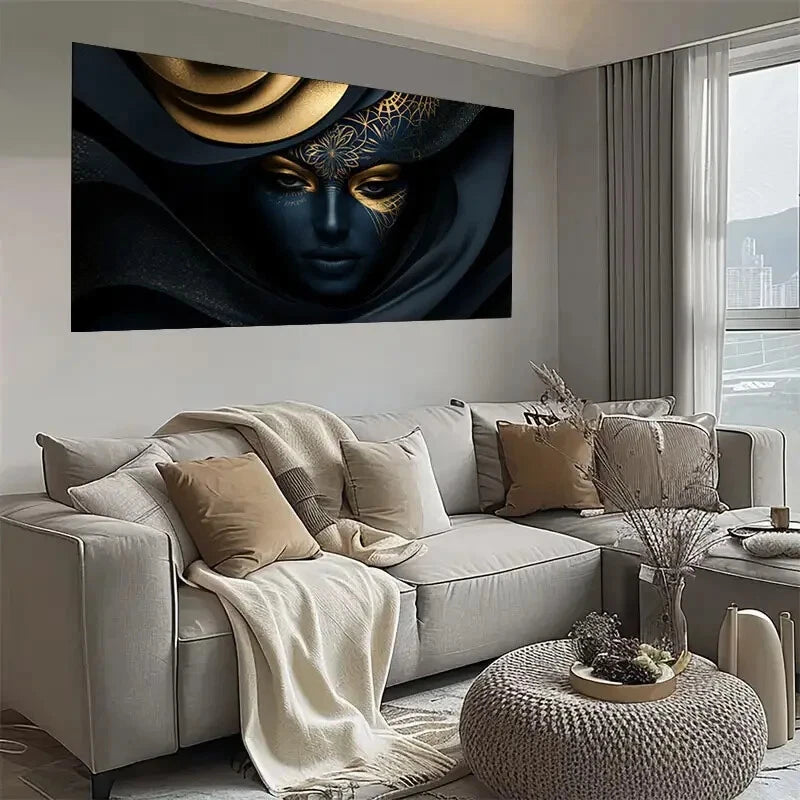 Abstract Mysterious Woman Gold Wall Art wall canvas office home room framed 120x60cm - Bella Home Decor