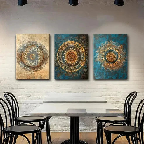 3pcs Elegant Golden & Teal Geometric Patterns Perfect Wall Art Canvas Unframed – High Quality Print 100% Australian Made Wall Canvas