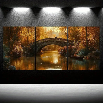 3pcs The Boatman Under The Stone Arch Bridge Metal Print Ready to Hang Art