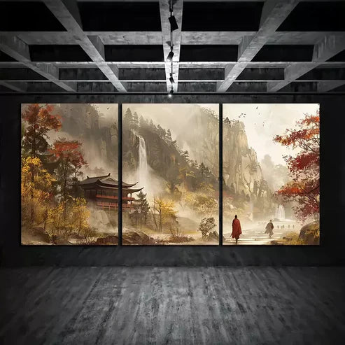 3pcs Chinese Traditional Temple Waterfall Forest Autumn Painting Wall Art Set Canvas Unframed - High Quality Print 100% Australian Made Wall Canvas