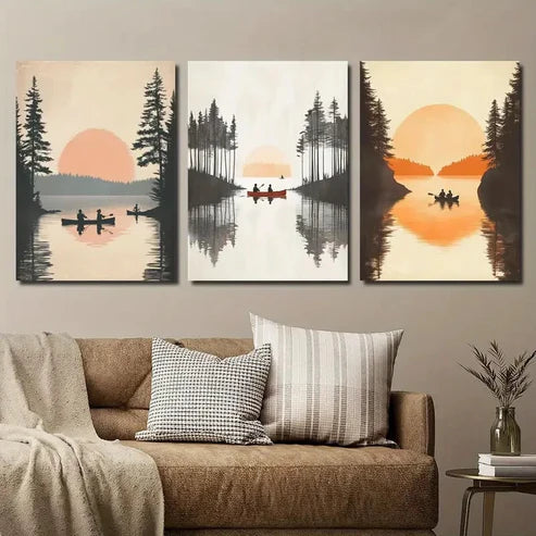 3pcs Sunset Lake Forest Wall Art Set Canvas Unframed - High Quality Print 100% Australian Made Wall Canvas