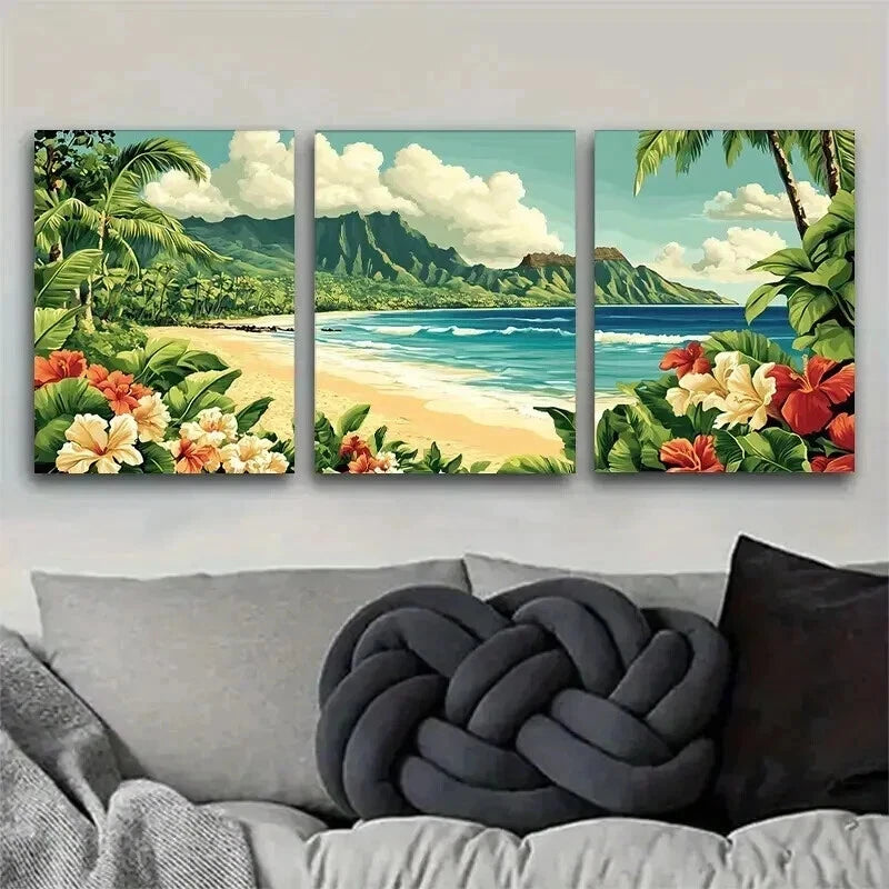 3pcs Hibiscus Flowers & Ocean View Perfect Wall Art Set Canvas Framed 40x60cm - High Quality Print 100% Australian Made Wall Canvas Ready to Hang - Bella Home Decor