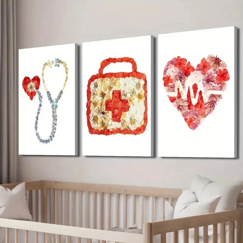 3pcs Floral Stethoscope Heartbeat Design Perfect Wall Art Set Canvas Framed 60x90cm - High Quality Print 100% Australian Made Wall Canvas Ready to Hang - Bella Home Decor