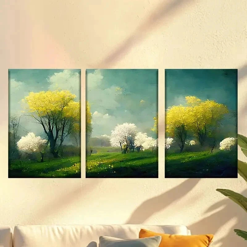 3pcs  A Painting of Trees in Middle of a Field  Wall Art Set Canvas Framed 50x70cm - High Quality Print 100% Australian Made Wall Canvas Ready to Hang - Bella Home Decor