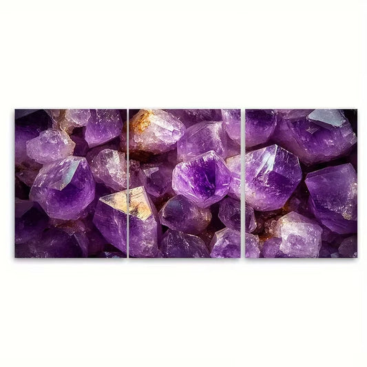 3pcs Lilac Purple Vibrant Amethyst Crystal Metal Print Ready to Hang Art