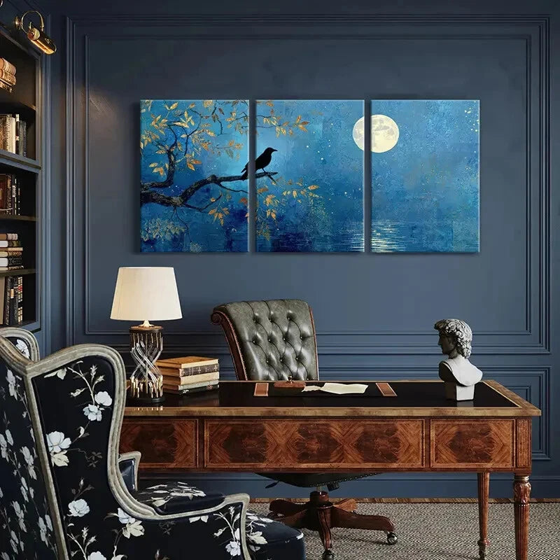 3pcs Moonlit Night Silhouette Crow Tree Branches Metal Print Ready to Hang Art - Bella Home Decor
