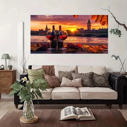 London Sunset Wine Glasses Wall Art Canvas Office Home Room Framed 120x60cm