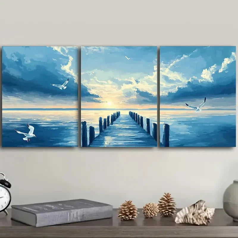 3pcs Seagulls Over Harbor Wall Art Set Canvas Framed 50x70cm - High Quality Print 100% Australian Made Wall Canvas Ready to Hang - Bella Home Decor