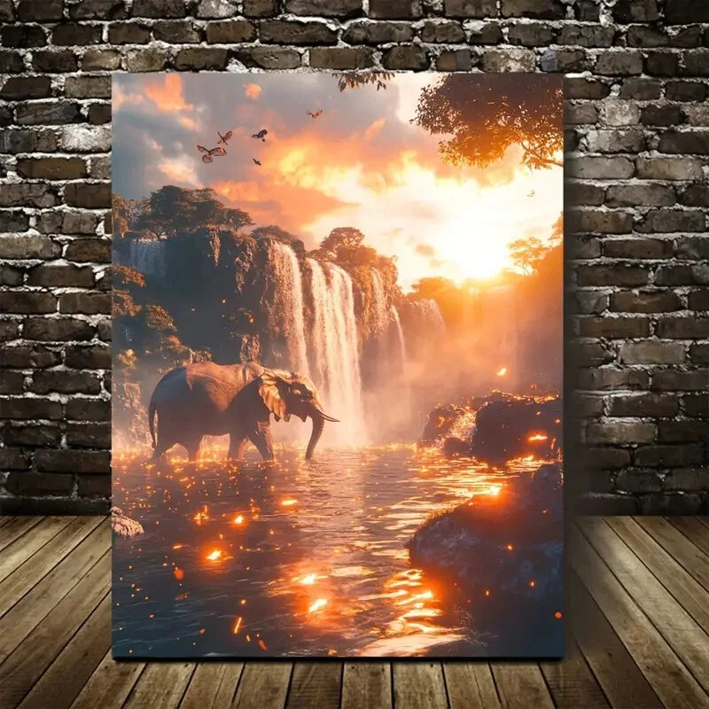 Realistic Scene of Elephant Dancing Under Painting 40x60cm Metal Print Ready to Hang - Bella Home Decor