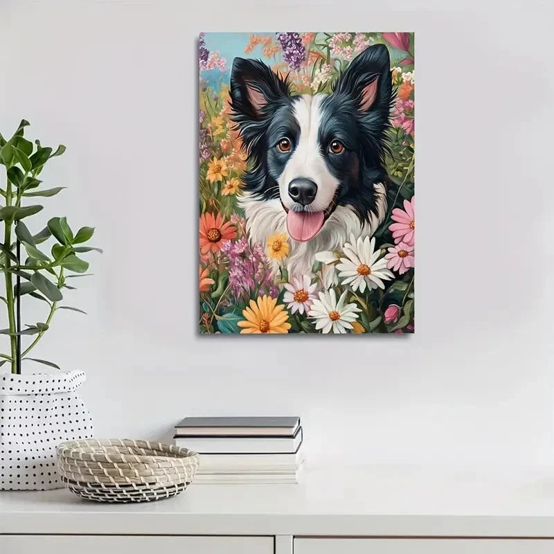 Vibrant Border Collie Dog with Flowers Painting  40x60cm Metal Print Ready to Hang - Bella Home Decor