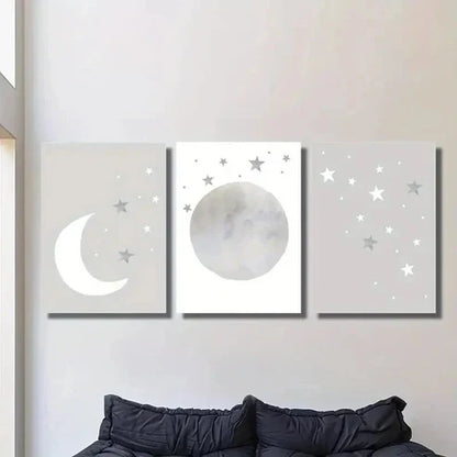 3pcs Neutral Gray Moon and Stars Wall Art Canvas Unframed - High Quality Print 100% Australian Made Wall Canvas
