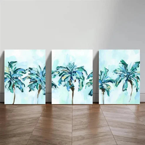 3pcs Blue Palm Tree and Tropical Scene  Wall Art Set Canvas Unframed - High Quality Print 100% Australian Made Wall Canvas - Bella Home Decor