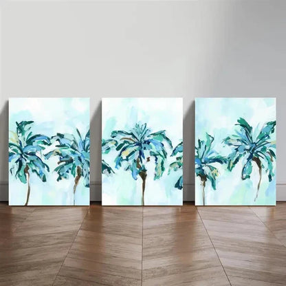 3pcs Blue Palm Tree and Tropical Scene  Wall Art Set Canvas Unframed - High Quality Print 100% Australian Made Wall Canvas - Bella Home Decor