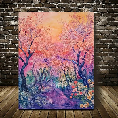 Vibrant Peach Tree Forest with Blooming Painting 40x60cm Metal Print Ready to Hang - Bella Home Decor