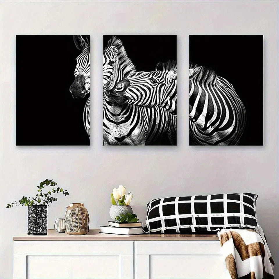 3pcs Black and White Zebra Wildlife Animal Metal Print Ready to Hang Art - Bella Home Decor