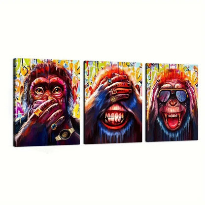 3pcs Gorilla Covers Mouth, Wears Ring  Wall Art Set Canvas Framed 50x70cm - High Quality Print 100% Australian Made Wall Canvas Ready to Hang - Bella Home Decor