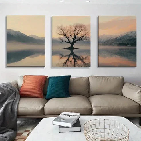 3pcs Reflection of Lone Tree in Misty Mountain Wall Art Canvas Unframed - High Quality Print 100% Australian Made Wall Canvas