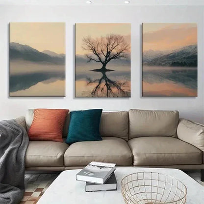 3pcs Reflection of Lone Tree in Misty Mountain Wall Art Canvas Unframed - High Quality Print 100% Australian Made Wall Canvas