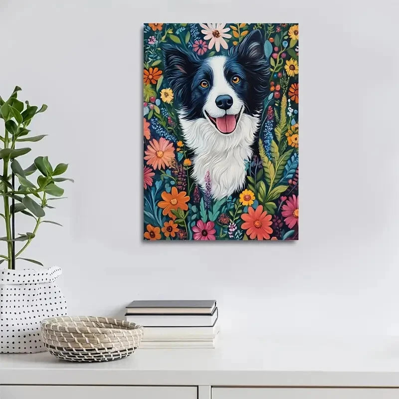 Vibrant Floral Border Collie Dog Painting  40x60cm Metal Print Ready to Hang - Bella Home Decor