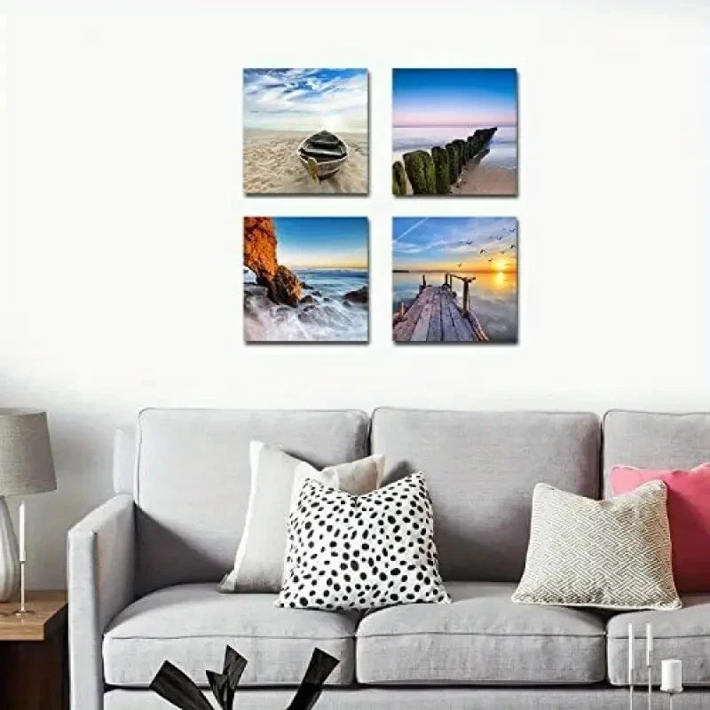 4pcs Wieco Art Beach Pictures Wall Art Canvas Framed