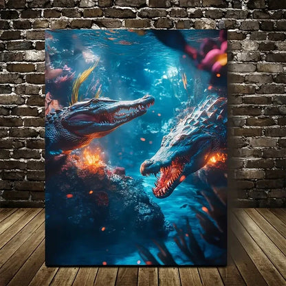Cyberpunk Crocodiles Glowing Embers Vibrant Painting 40x60cm Metal Print Ready to Hang - Bella Home Decor