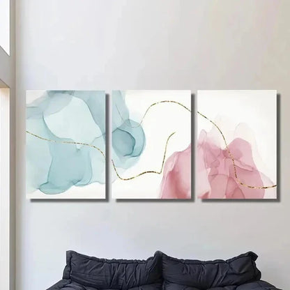 3pcs Pink Blue White & Golden Lines Wall Art Set Canvas Unframed - High Quality Print 100% Australian Made Wall Canvas