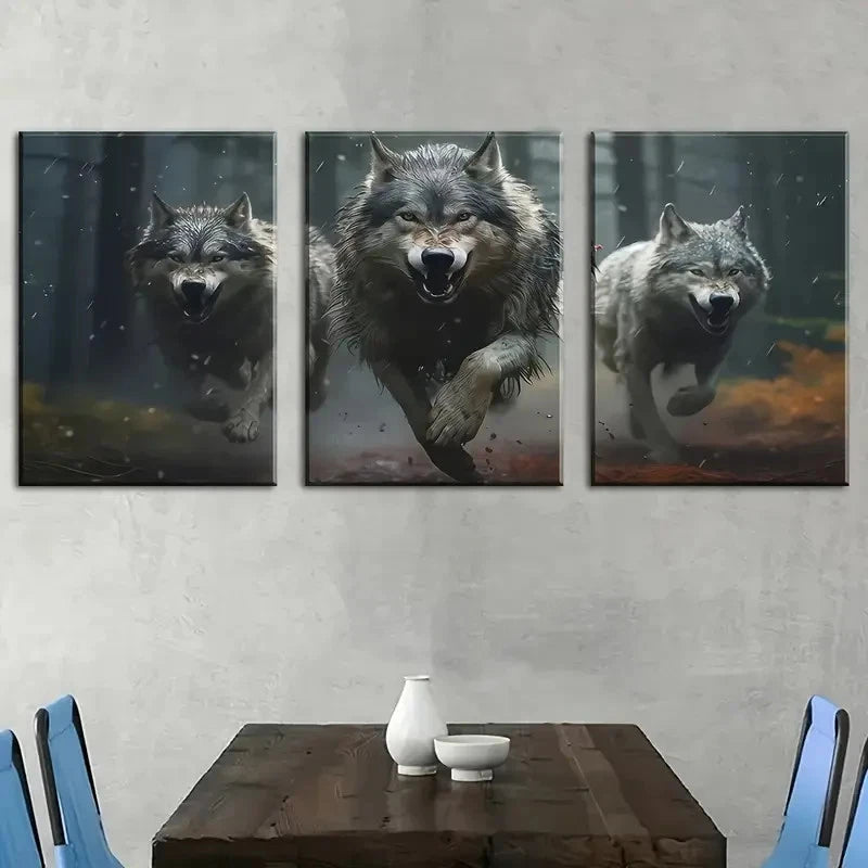 3pcs Featuring a Wolf Pack Painting Metal Print Ready to Hang Art - Bella Home Decor