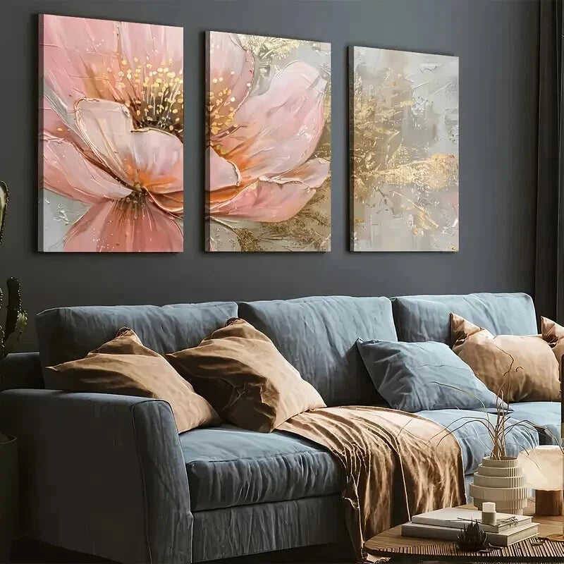 3pcs Golden Abstract Floral Landscape Wall Art Set Canvas Framed 50x70cm - High Quality Print 100% Australian Made Wall Canvas Ready to Hang - Bella Home Decor