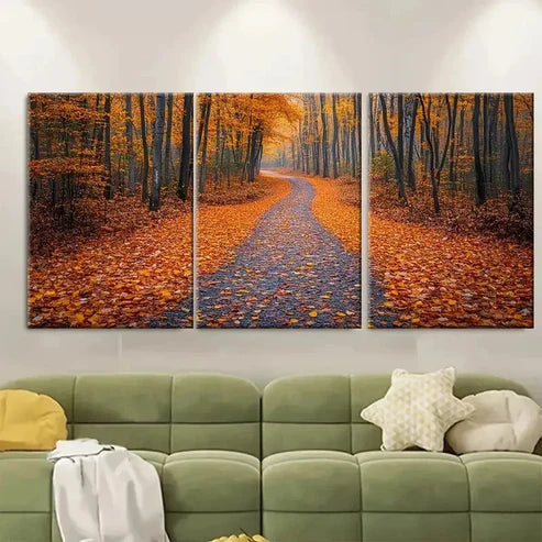 3pcs Orange Yellow Leaves Forest Path Wall Art Set Canvas Unframed – High Quality Print 100% Australian Made Wall Canvas - Bella Home Decor