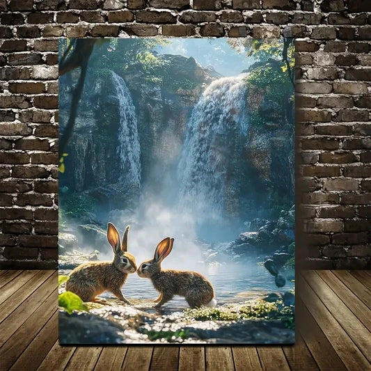 Playful Rabbits By Crystal Waterfall Painting 40x60cm Metal Print Ready to Hang - Bella Home Decor