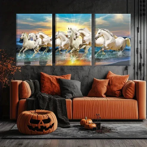 3pcs White Horses Seaside Sunset Running Horses Wall Art Set Canvas Unframed - High Quality Print 100% Australian Made Wall Canvas