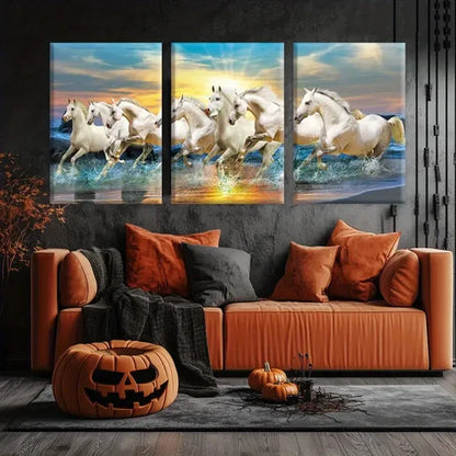 3pcs White Horses Seaside Sunset Running Horses Wall Art Set Canvas Unframed - High Quality Print 100% Australian Made Wall Canvas