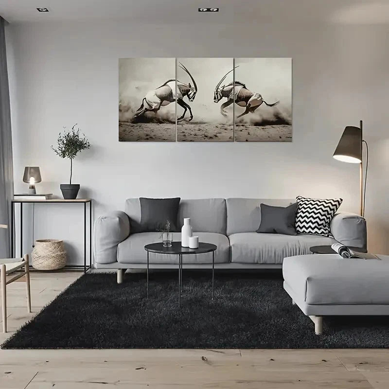 3pcs Dynamic Antelope Duel Painting Metal Print Ready to Hang Art - Bella Home Decor