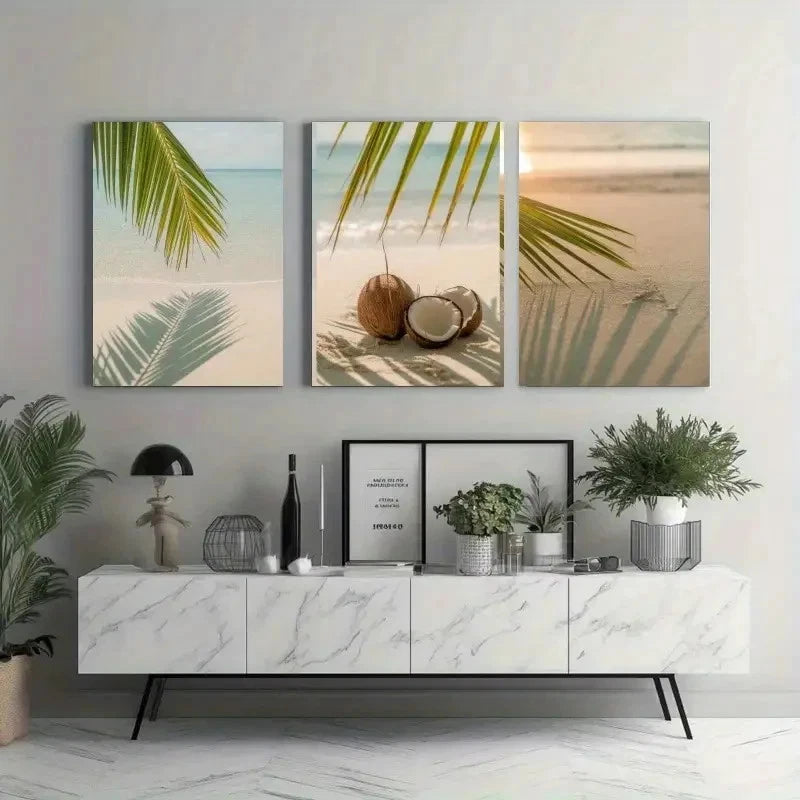 3pcs  Tropical Beach Palm Leaves Coconut & Sand   Metal Print Ready to Hang Art - Bella Home Decor