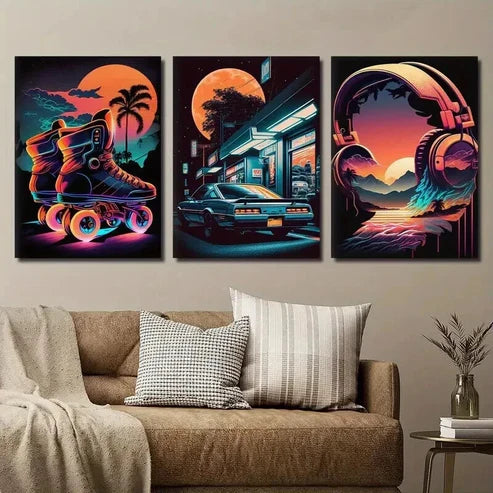 3pcs 80s Retro Synthwave & Cyberpunk Car Wall Art Canvas Unframed - High Quality Print 100% Australian Made Wall Canvas - Bella Home Decor