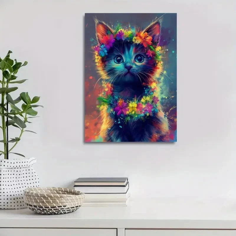 Charming Kitten with Floral Wreath Painting 40x60cm Metal Print Ready to Hang
