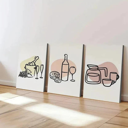 3pcs Line Art Trendy Bar Wine Bottle and Cheese Wall Art Canvas Unframed - High Quality Print 100% Australian Made Wall Canvas