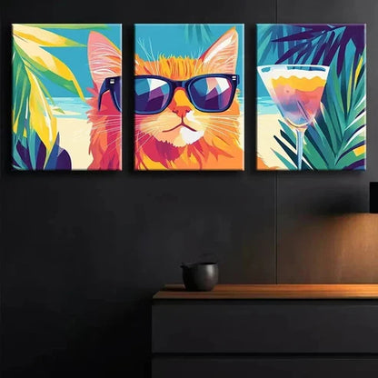 3pcs Tropical Cat with Glasses Colorful Perfect Wall Art Set Canvas Unframed - High Quality Print 100% Australian Made Wall Canvas