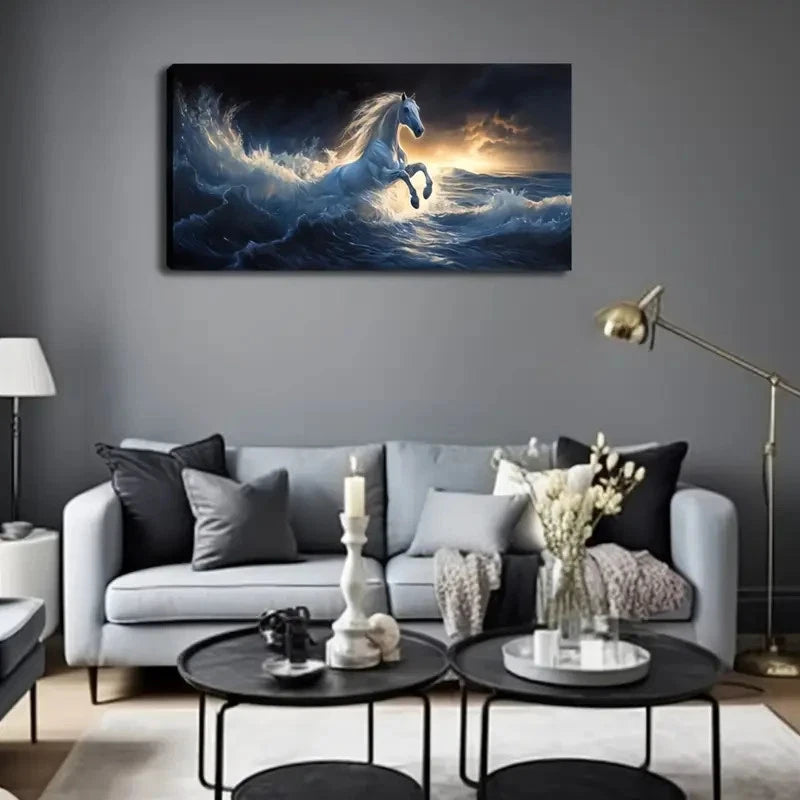 White Horse Galloping Over Wall Art canvas office home room framed 120x60cm
