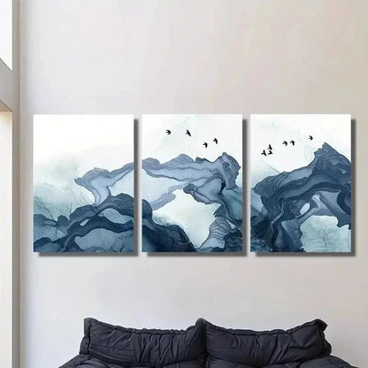3pcs Soft Blue Smoke Waves and Birds Wall Art Canvas Unframed - High Quality Print 100% Australian Made Wall Canvas