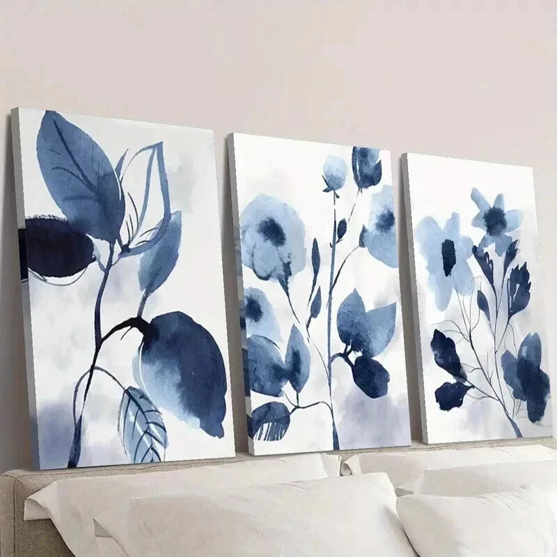 3pcs Botanical Navy Blue Flowers & Leaves Wall Art Set Canvas Framed 50x70cm - High Quality Print 100% Australian Made Wall Canvas Ready to Hang