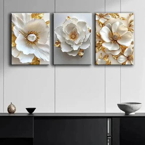 3pcs Golden And White Flower Design Wall Art Canvas Unframed - High Quality Print 100% Australian Made Wall Canvas